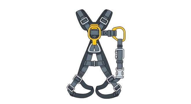 Industrial fall protection safety harness with straps and metal buckles. Personal protective equipment for high-altitude work and construction safety.