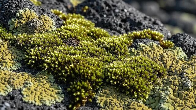 Volcanic rock moss grows and spreads over time in a natural environment