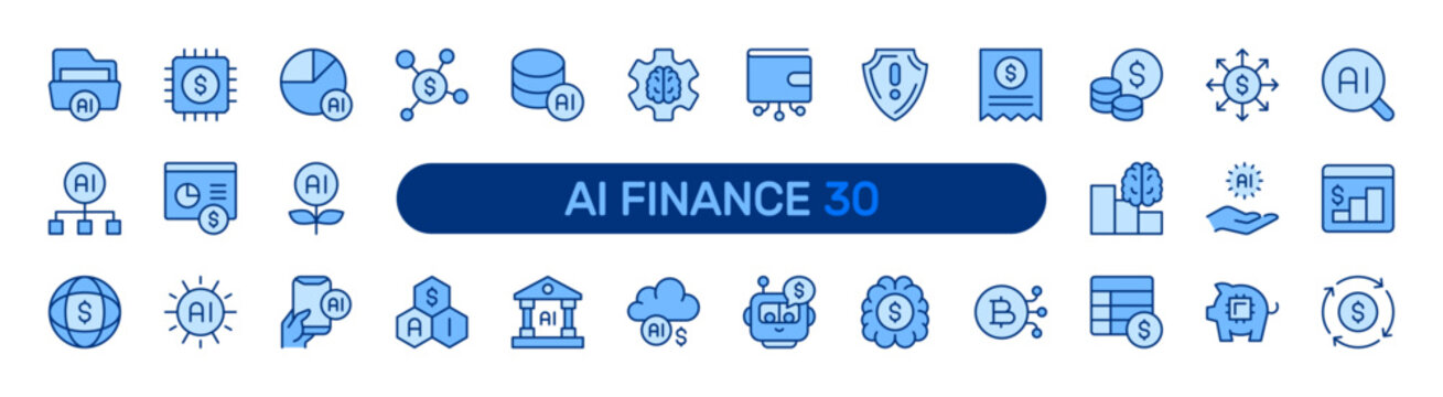 AI Finance filled icon set. Financial Digital Technology, Artificial Intelligence, Smart Banking, Analytics concept. Blue vector icons collection.