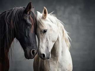 Naklejka premium Majestic black and white horses in close harmony