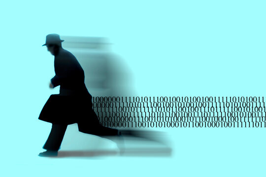 Running silhouette trailing binary code showing cyber crime