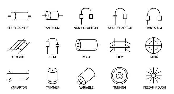 Various electronic component symbols and types.