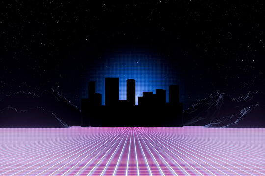 Retro 3D vaporwave digital city skyline landscape with neon grid
