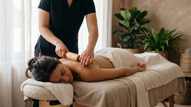 Relaxed woman receiving maderotherapy body massage with wooden rolling pin