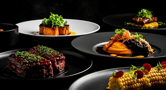 Delicious gourmet dishes served on elegant black plates  