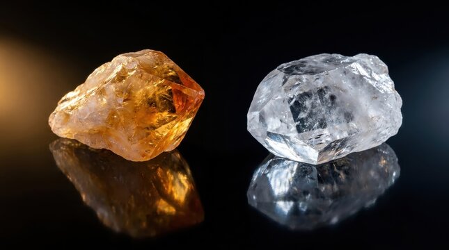 Rough natural citrine and clear quartz crystals close up.
