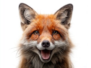 Fototapeta premium Happy red fox close-up with open mouth on white background