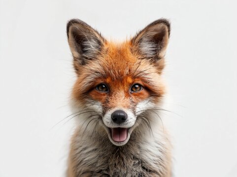 Adorable red fox portrait smiling on white background