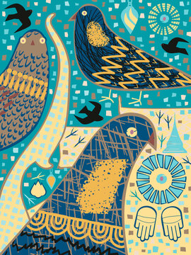 Abstract vector illustration of pigeons with buddhist temple elements