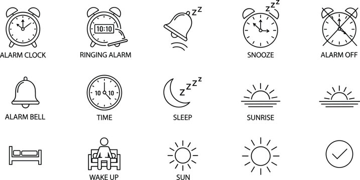 Collection of simple line art icons representing time management and morning routines alarm clock ringing