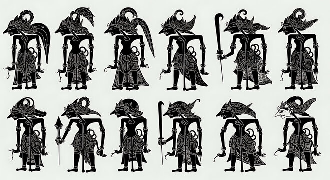 Traditional Indonesian Wayang Kulit shadow puppet character set