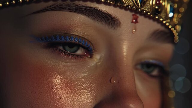 Close-up of a Woman s Face with Ancient Egyptian Inspired Makeup and Jewelry, Torchlit Temple Scene, Cleopatra Style