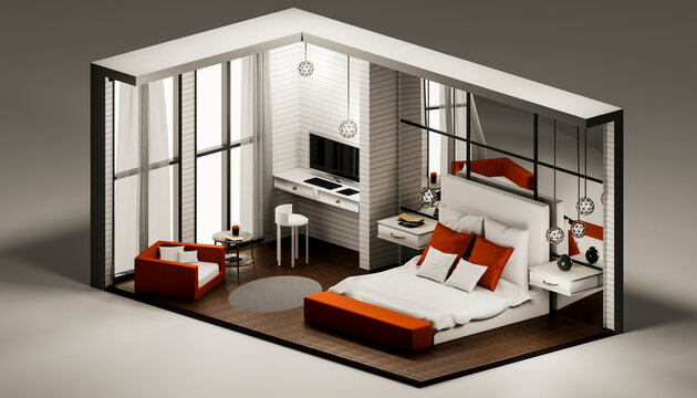 3D isometric render of a modern minimalist bedroom interior