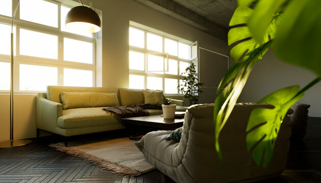 Modern minimalist living room with green sofa in sunlight