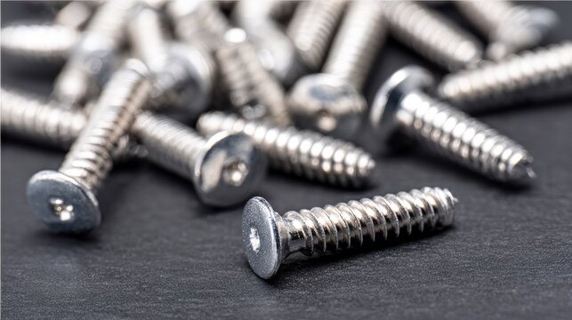 Metal screws lying on black background. Industrial construction fastener hardware. Chrome steel bolt component for repair work or engineering project. Mechanic supply and industrial material.