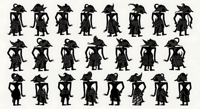 Authentic Wayang Kulit theater figures with intricate batik details