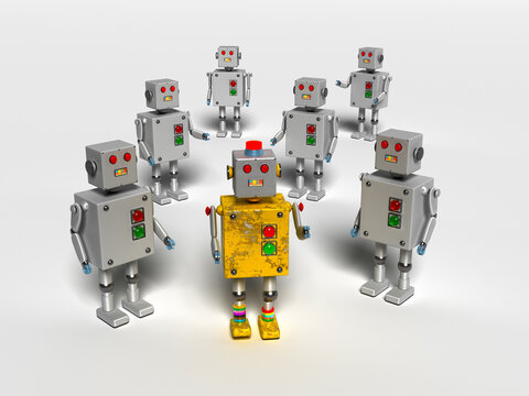Unique yellow robot standing out in a meeting of grey robots