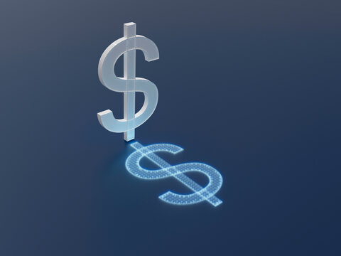 3D transparent dollar sign with glowing digital shadow