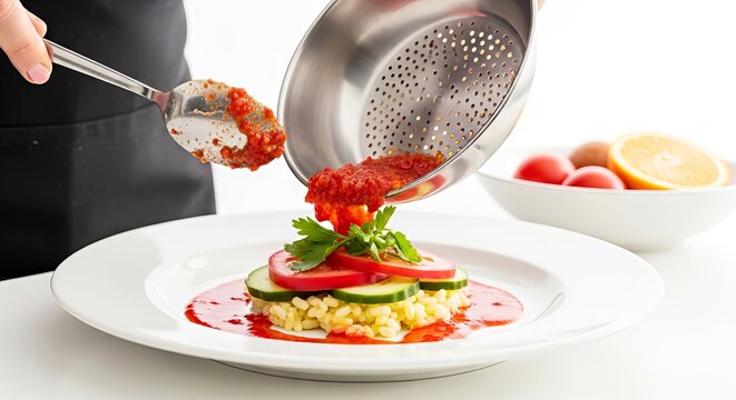 Chef pouring tomato sauce over rice dish with fresh vegetables