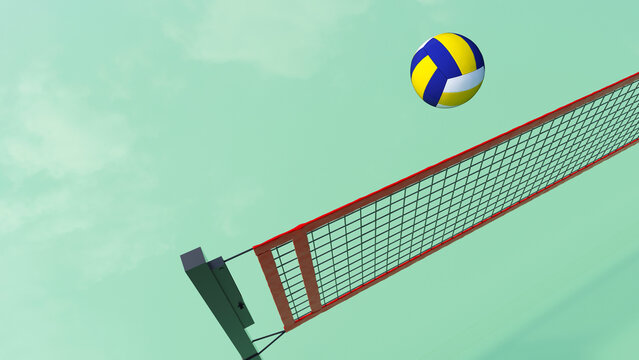 3D rendering of a volleyball over a net against the sky