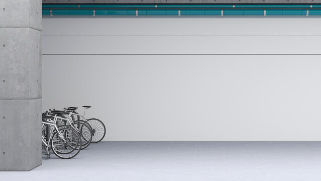 3D rendering of parked bicycles in an empty modern concrete garage