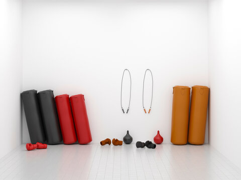 3D rendering of colorful boxing equipment inside a white room