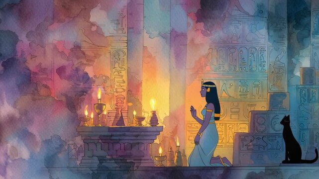 Ancient Egypt Cleopatra Isis Prayer Scene at Torchlit Temple with Hieroglyphs and Egyptian Woman