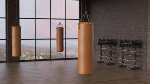 Empty indoor gym with hanging punching bags and dumbbells