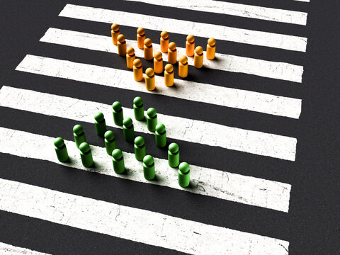 Two opposing groups of game pieces meeting on a crosswalk