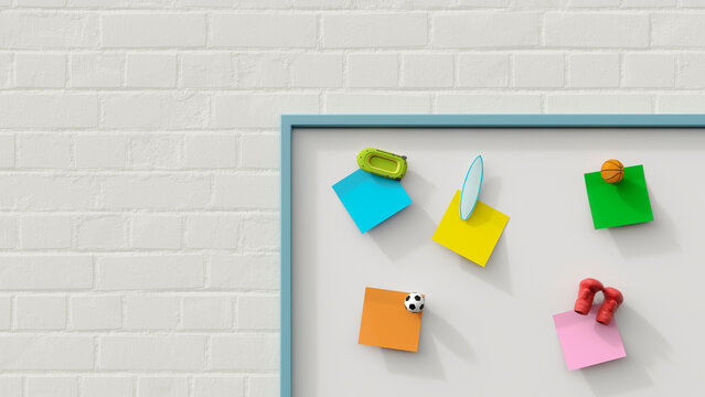 3D rendering of a whiteboard with sticky notes and sports magnets