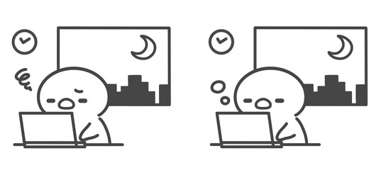 残業で疲れて眠そうなひよこ手書き線画イラストセット　夜遅くまで働く様子 パソコン作業中の疲労やストレス © Nitomaru