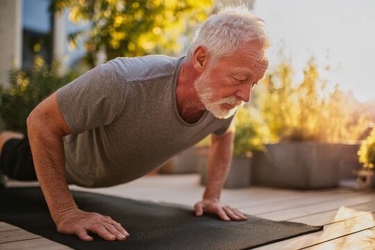 Senior man doing push ups on exercise mat on wooden deck during golden hour sunlight home workout fitness and active aging concept