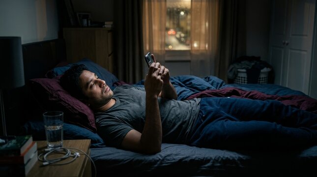 Man lying in bed with smartphone.