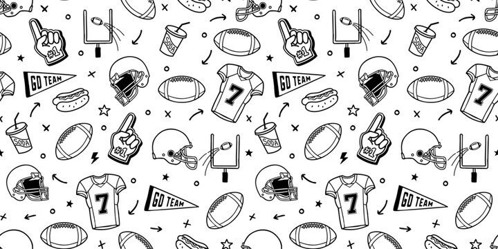 Seamless American football pattern with helmets, jerseys, balls, foam fingers, pennants, snacks, and game icons. Perfect for sports-themed designs, apparel, and prints.