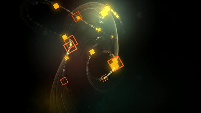 Beautiful animated interface for a technology landing page, with geometric elements scrolling across the entire screen, in warm colors