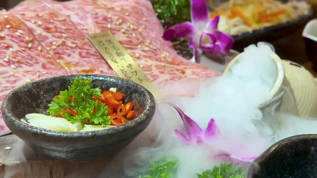 Premium Raw Japanese Wagyu Beef with Dramatic Dry Ice Smoke Effect