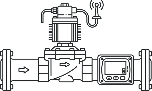 Detailed illustration of a modern industrial flow meter with wireless connectivity and digital display