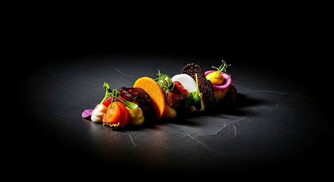 Colorful gourmet vegetable platter on dark stone surface  