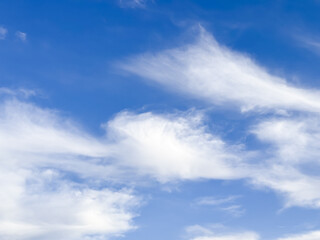 Fototapeta premium Soft white clouds floating in a bright blue sky on a clear sunny day