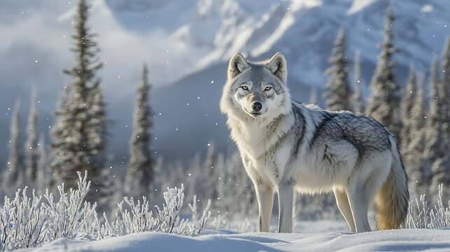 Wolf Standing in the Snow Surrounded by Trees / 木々に囲まれた雪の中に立つオオカミ