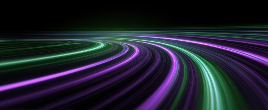 Spiral rotating green and purple light trails dance like playful fireflies - 3d rendering