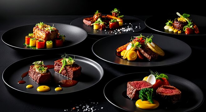 Gourmet dishes arranged artistically on black plates  