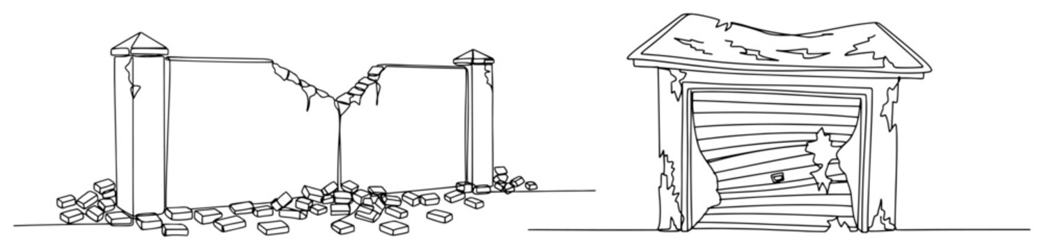 One line drawing of destroyed property including a broken fence and a damaged garage entrance