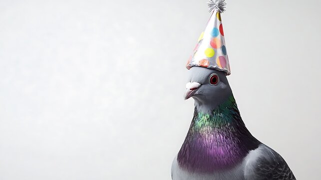 Close-up of a Pigeon with a Birthday Hat / 誕生日用の帽子を被ったハトのクローズアップ