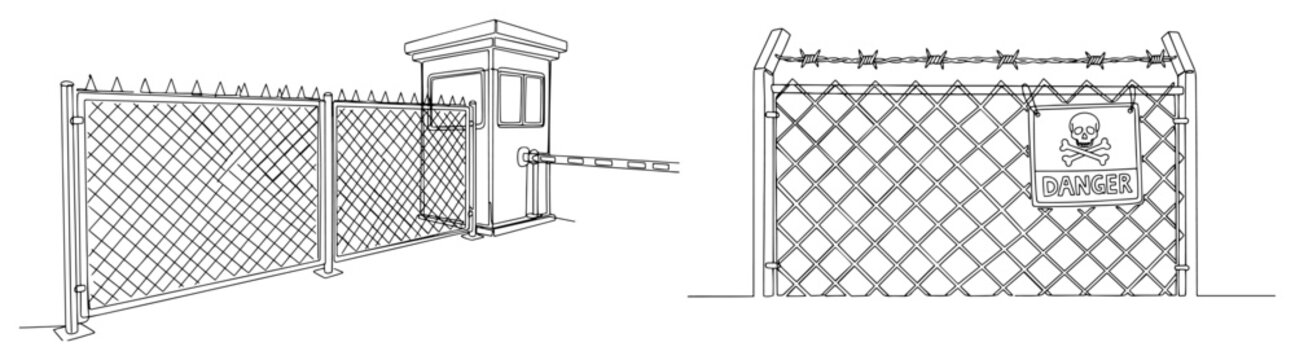 Continuous one line drawing of a security checkpoint with guard booth and danger sign fence