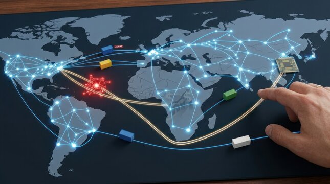 Semiconductor supply chain map, global trade routes, logistics risk, disruption tracking, network control