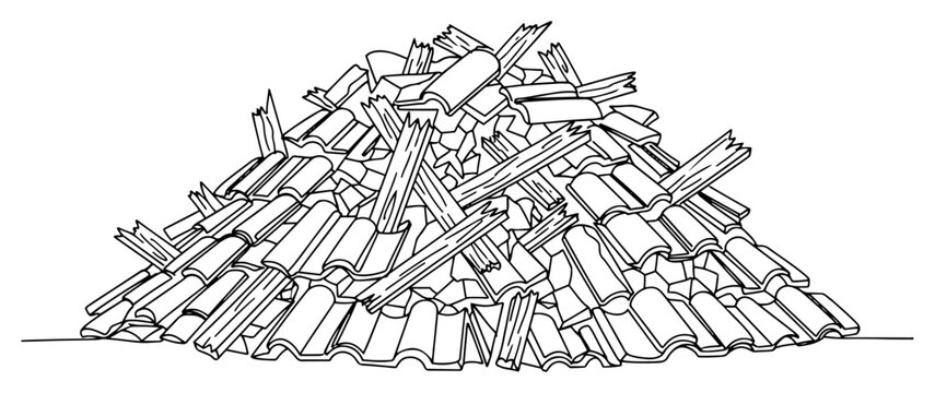 Single line art of a pile of construction debris and wood planks from a renovation project