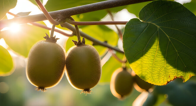 Kiwi fruits hanging from tree branch with green leaves and sunlight shining through