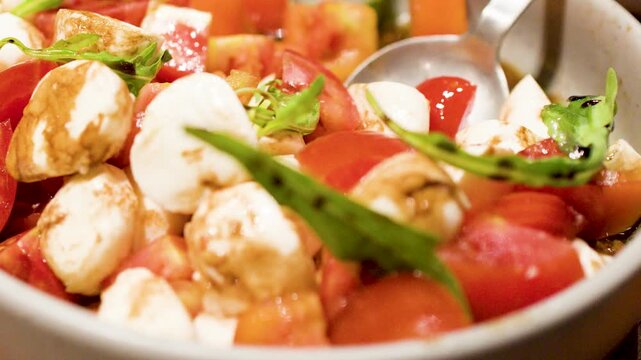 Serving Fresh Caprese Salad with Mozzarella Balls and Balsamic Glaze