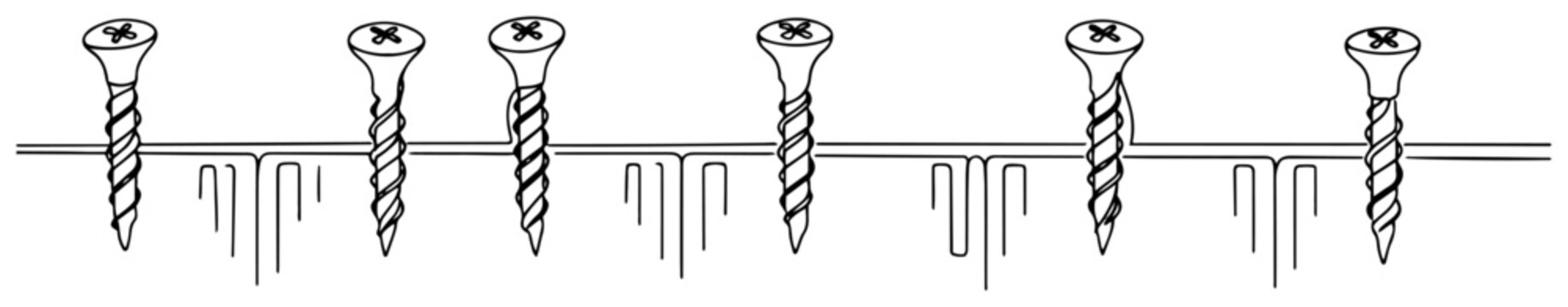Continuous one line drawing of a row of metal screws being driven into a surface for construction